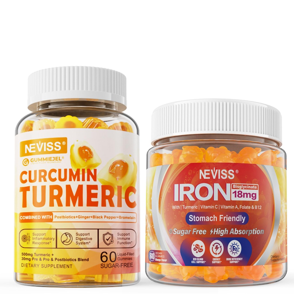 Sockerfri gurkmeja Curcumin Fylld Gummies 550mg för vuxna, Vegan Iron Gummies Supplement med vitamin C
