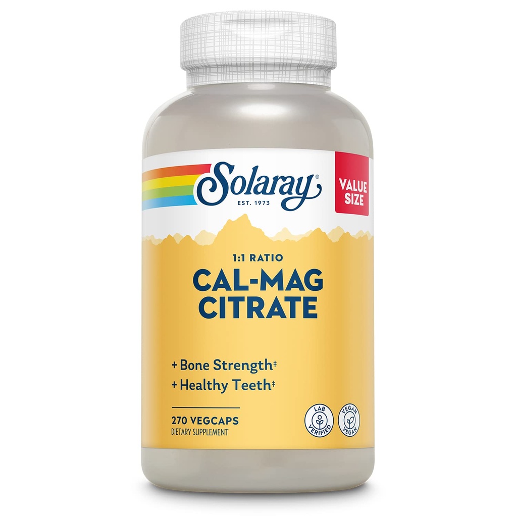 Solaray Kalsium Magnesiumsitraatti 1000 mg 1:1 suhde, Bone Strength täydennysosa, lihasten, hermojen ja luun terveys tuki, kelated korkea Imeytyminen, 60 päivän takuu, 45 tarjoilua, 270 VegCaps
