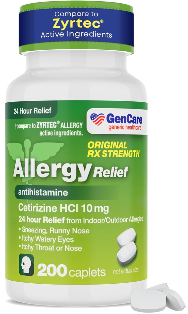 GenCare - Cetirizin HCL 10 mg (200 Caplets) - 24 timmars allergi lindring piller - Non Drowsy Generic OTC Allergy Medication - Antihistamine Medicine för Sneezing, Runny Nose & Itchy Eyes - Generisk Zyrtec
