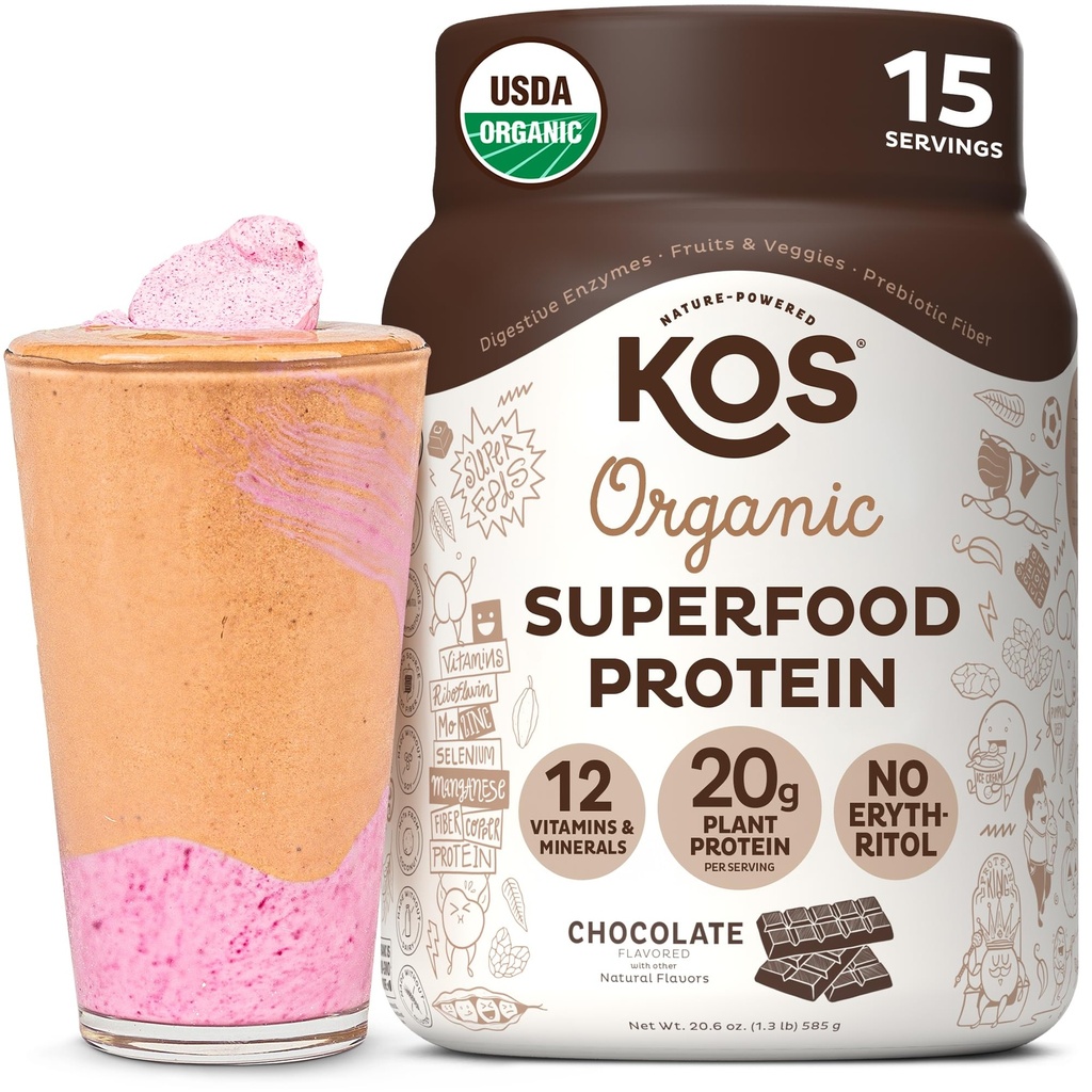 KOS Plant Protein Powder, Chocolate USDA Organic - Low Carb Pea Protein Blend, Vegan Superfood vitamiineja & Minerals - Keto, soija, Dairy Free - Aterian korvaaminen naisille & miesten - 15 Tarjoilut