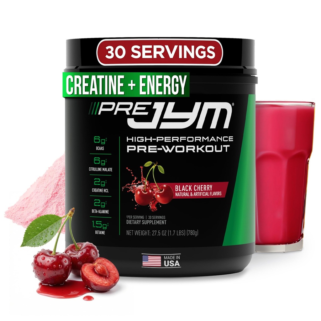 JYM Supplement Science Pre JYM Black Cherry Pre workout Powder for Men & Women, BCAAs, Nootropics, Creatiini HCI, Citrulline, Beta-Alanine, Betaine, Tauriini, Huperzine, 30 Servings