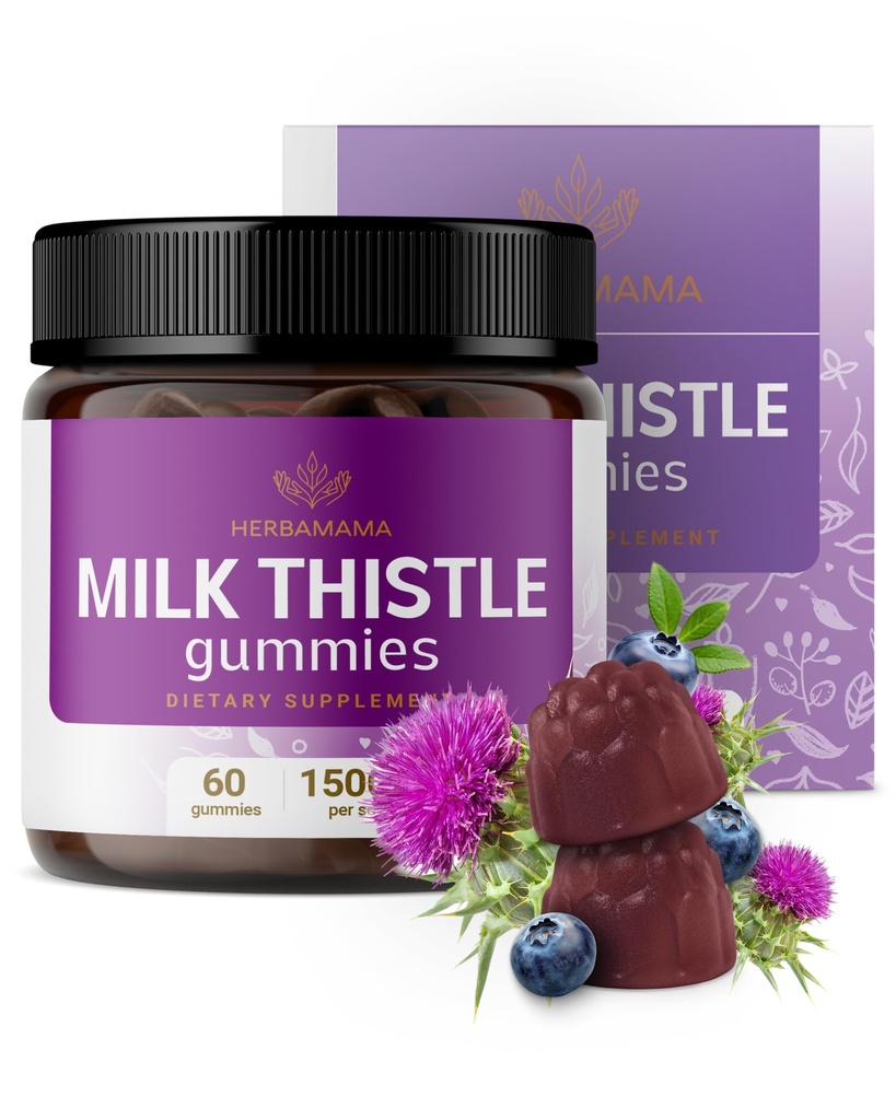HERBAMAMA Milk Thistle Supplement - 1500mg Maito Thistle Seed Gummies maksan Cleanse - Vegan, ei-GMO Maksa tuki Silybum Marianum - 60 Pektiini-Based mustikka-Flavored Chews
