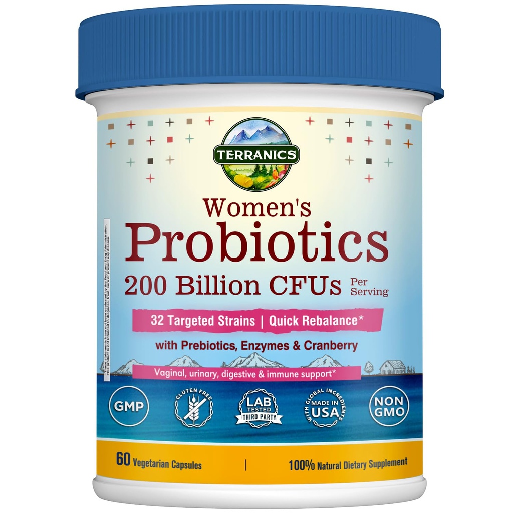 Terranics Daily Probiotics for Women, 200 Billion 32 Strains Womens Probiotics, med Cranberry, Prebiotics & Enzymes, Rebalance Vaginal Flora & pH, Delayed Release, Shelf Stable, 60 Vegan Caps