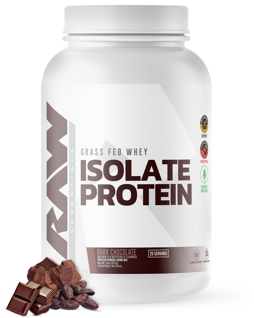 RAW Whey Isolate Protein Powder, Dark Chocolate - 100% Grass-Fed Sports Nutrition Whey Protein Powder för muskeltillväxt och återhämtning - Low-Fat, Low Carb, naturligt smaksatt och sötad - 25 portioner