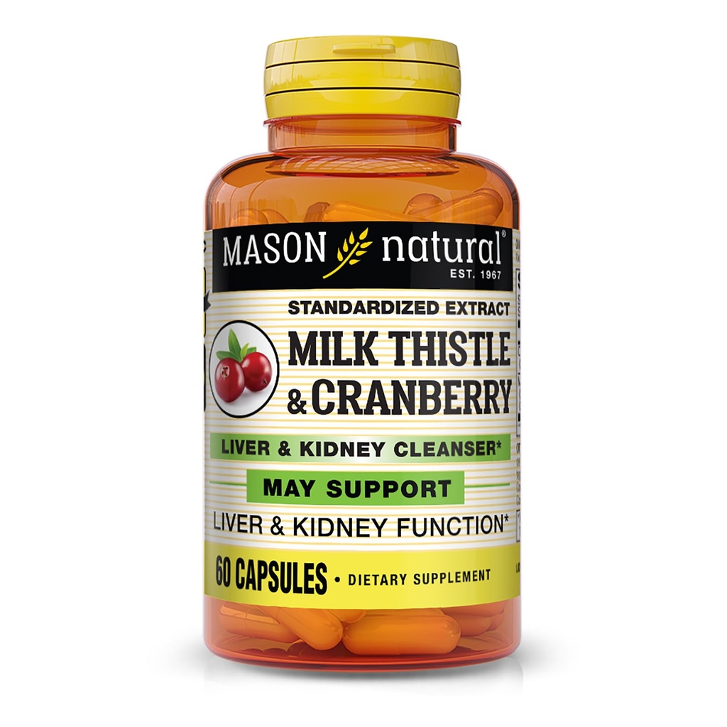 MASON NATURAL Milk Thistle/Cranberry Liver & Munuaisten puhdistusaine - tukee terveitä maksan ja munuaisten toiminta, puhdistus ja detox, 60 kapselia