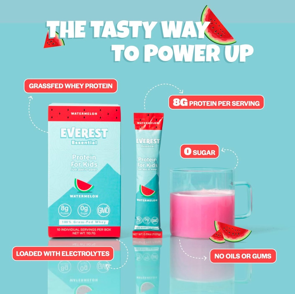 Everest Essential, Kid's Clear Whey Protein Powder (Watermelon, 10 Packets) Protein Drink Mix för barn, Electrolytes för barn, 8g Protein Per Servering, Non GMO, Zero Added Sugar