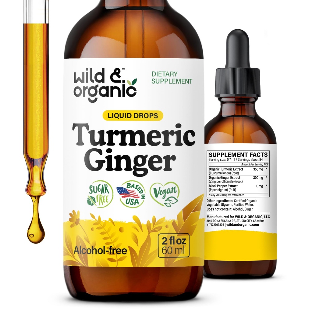 Wild & Organic Turmeric and Ginger Supplement Drops - Joint & Immune Support - Liquid Turmeric med Ginger och Black Pepper Extract - Curcumin Supplement - Vegan, Sugar & Alkoholfri Tincture - 2 oz