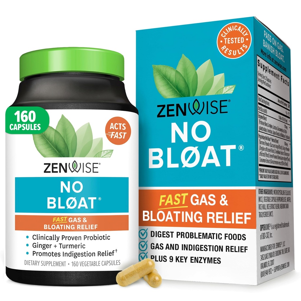 Zenwise Health No Bloat Dgestive Enzymes for Gut Health, Gas & Bloating Relief - Multi Enzymes Digestion Supplement with Probiootit, Inkivääri, Turmeric Voikukka & Lactase - Miehet & Naiset - 160 Count