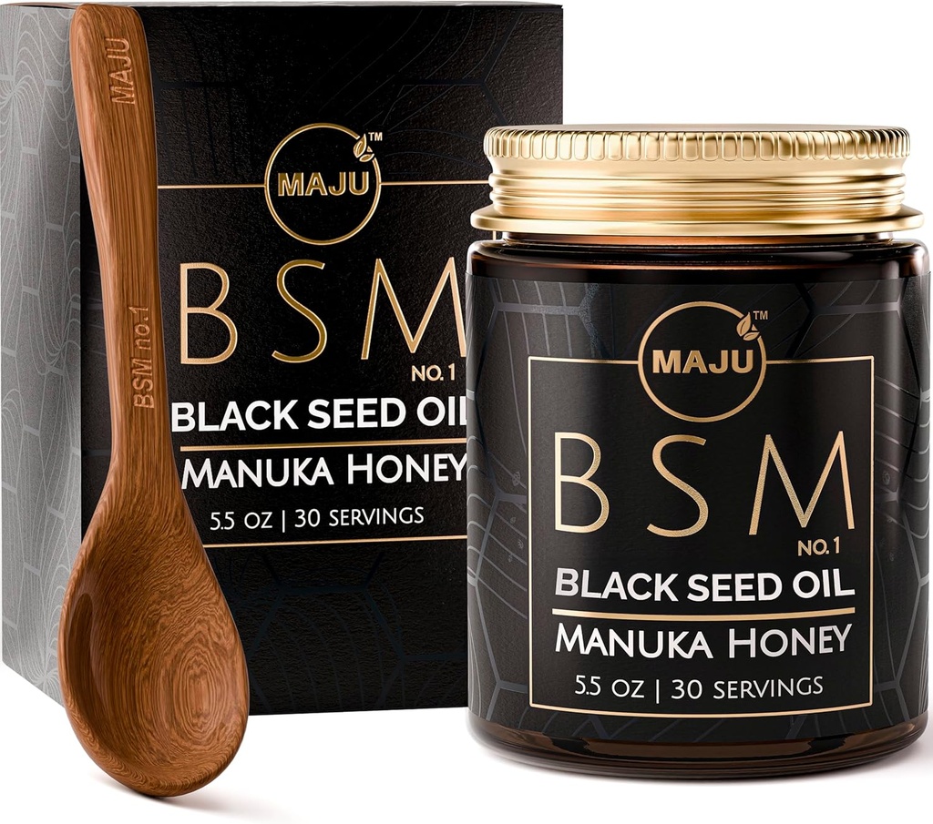 MAJU:n 3-in-1 musta siemenöljy, manukahunaja ja siemenet (perinteinen tyyli) BSM-nro 1, makea ja rapea yrttien sekoitus, Nigella Sativa -öljy ja siemenet, pastöroidut ja raakamonofloraali manukahunaja Uusi-Seelanti