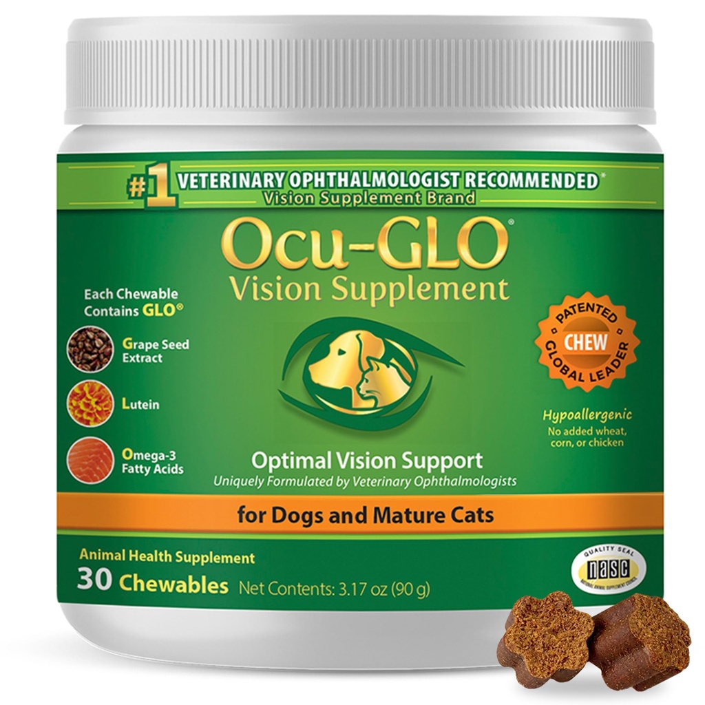 Ocu-GLO Cat & Dog Senior Supplement for Eye Support - Pureskeltava Vision Vitamiinit Lisäravinteet suurille ja pienille lemmikkieläimille Hoito Lutein, Omega-3 Rasvahapot, Rypäleensiemenuute ja antioksidantit