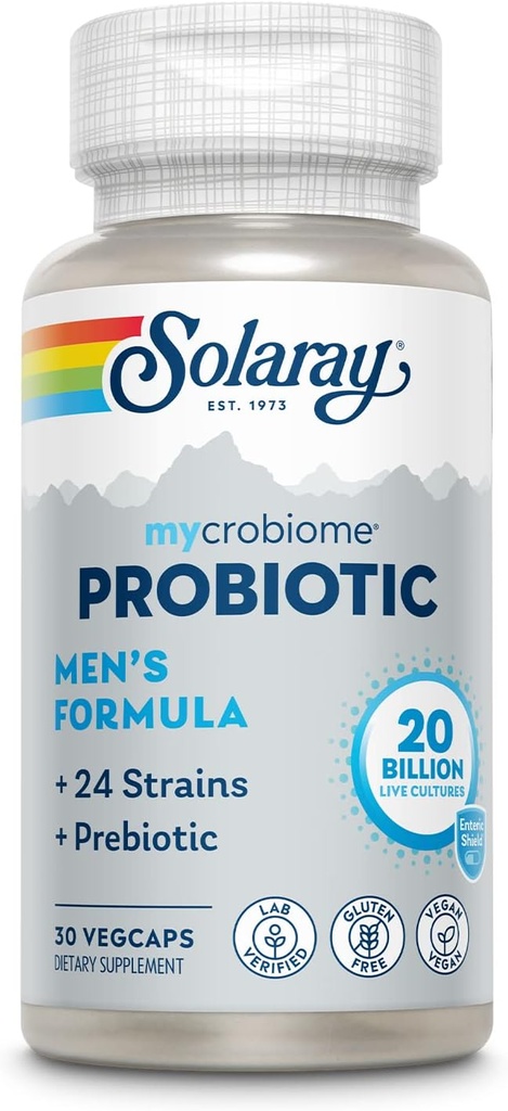 SOLARAY Mycrobiome Probiootti Miehet, Probiootit, Gut Health, Digestion, Immuuni toiminta & enemmän, 20 miljardia PMY Miesten Probiootti, 24 kanta Plus Prebiootti, 30 Servings, 30 VegCaps