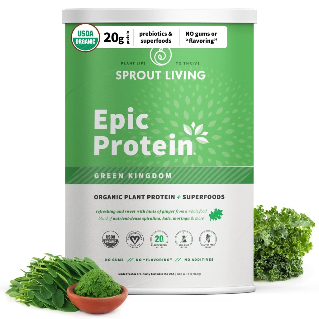 Sprout Living Epic Protein, Plant Based Protein & Superfoods Powder, Green Kingdom 20 Grams Organic Protein Powder, Greens, Vegan, Non Dairy, non-GMO, Gluteeniton, vähäsokeri (2 punta, 24 tarjoilua)