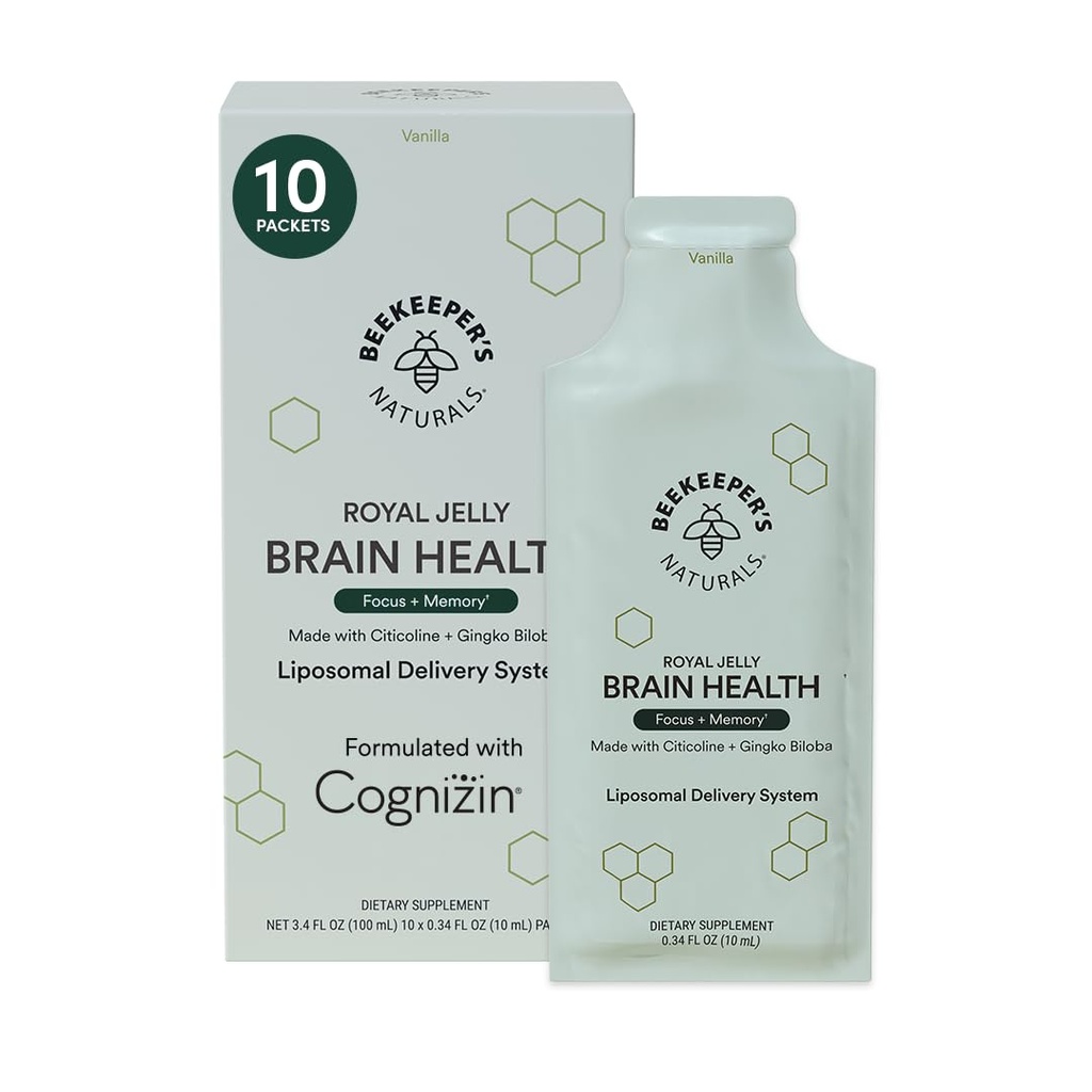 Nootropic Brain täydentää Beekeeper's Naturals, 500 mg Citocoline, Ginkgo Biloba, Bacopa Monnieri & Royal Jelly, Tukee Focus & Memory, Helpompi imeytyminen, Plus tasty Vanilla Flavor, 10ct