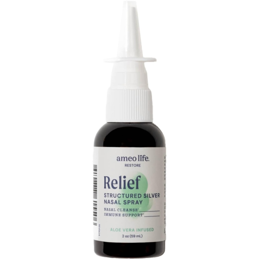 Ameo Life Aloe-Infused Colloidal Silver Nasal Spray 24 PPM - Nose Spray med naturliga ingredienser för lugnande lindring av Nasal Congestion, Sinus Congestion, Mucus och Irritation - för daglig användning (2 oz)