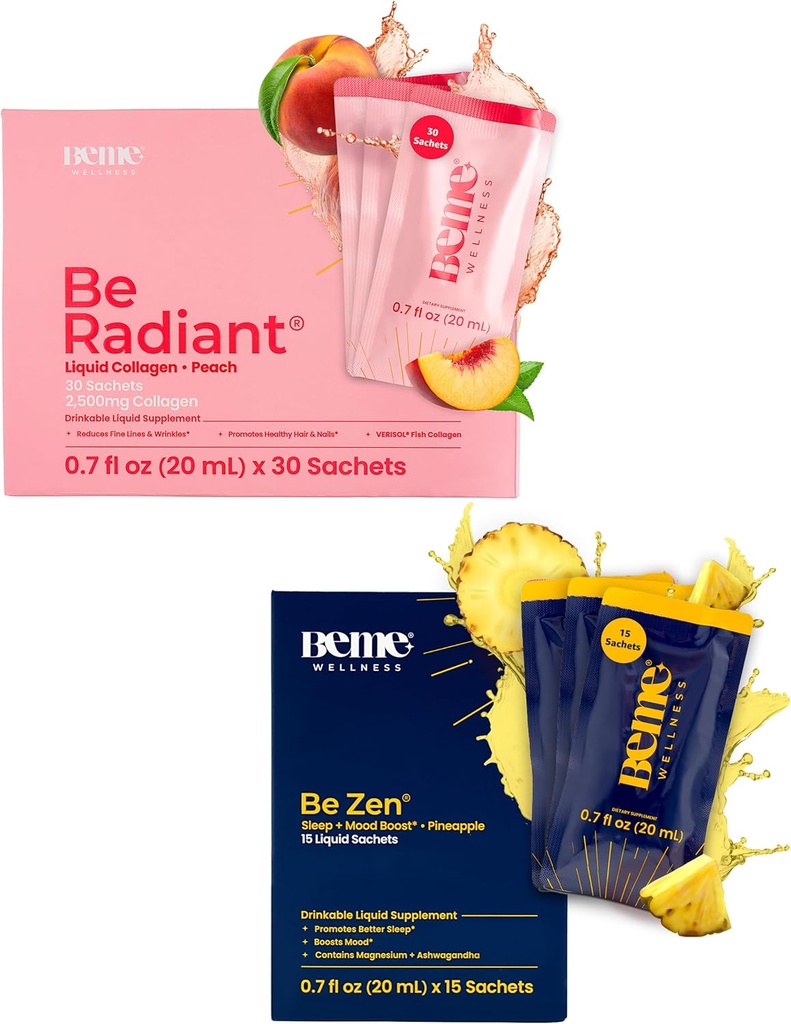 BeMe BeRadiant Peach & BeZen Bundle - Liquid Collagen & Magnesium Glycinate L- Theanine lisäravinteet