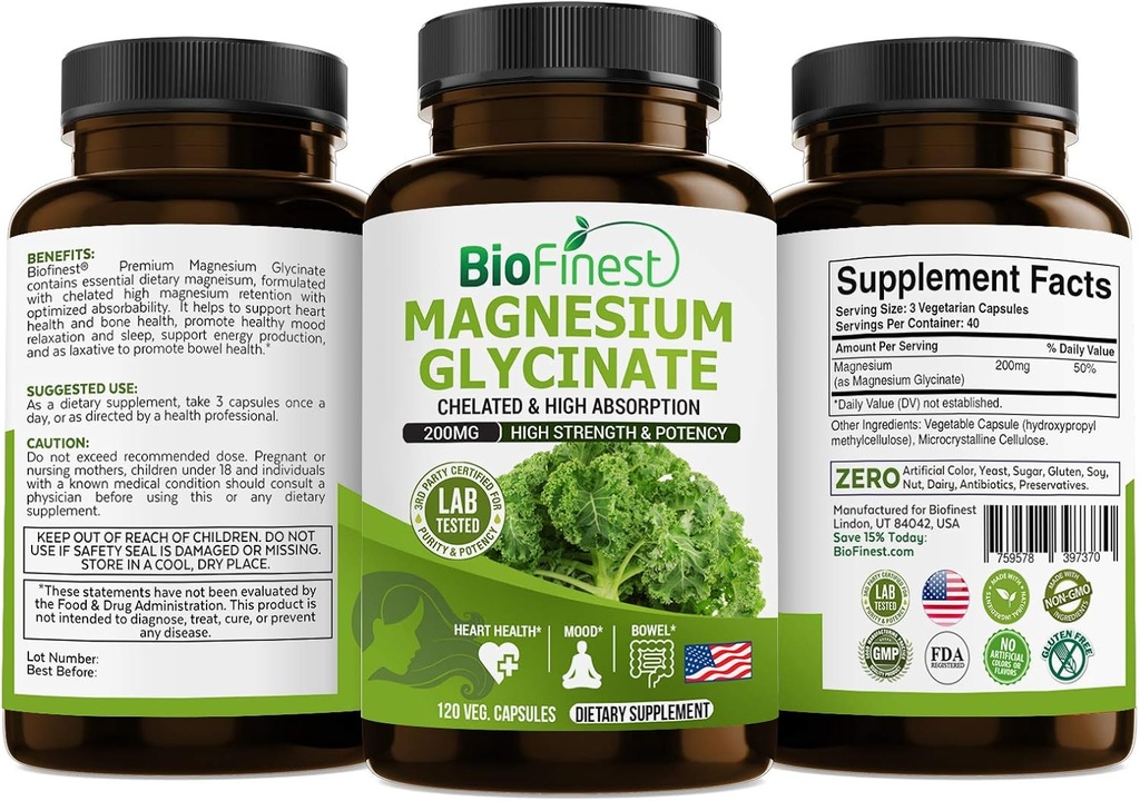 Biofinest Chelated Magnesium Glycinate 200mg Supplement - Healthy Heart Bowel Movement Immune Energy Metabolism Mood Sleep - Tillverkad i USA (120 kapslar)