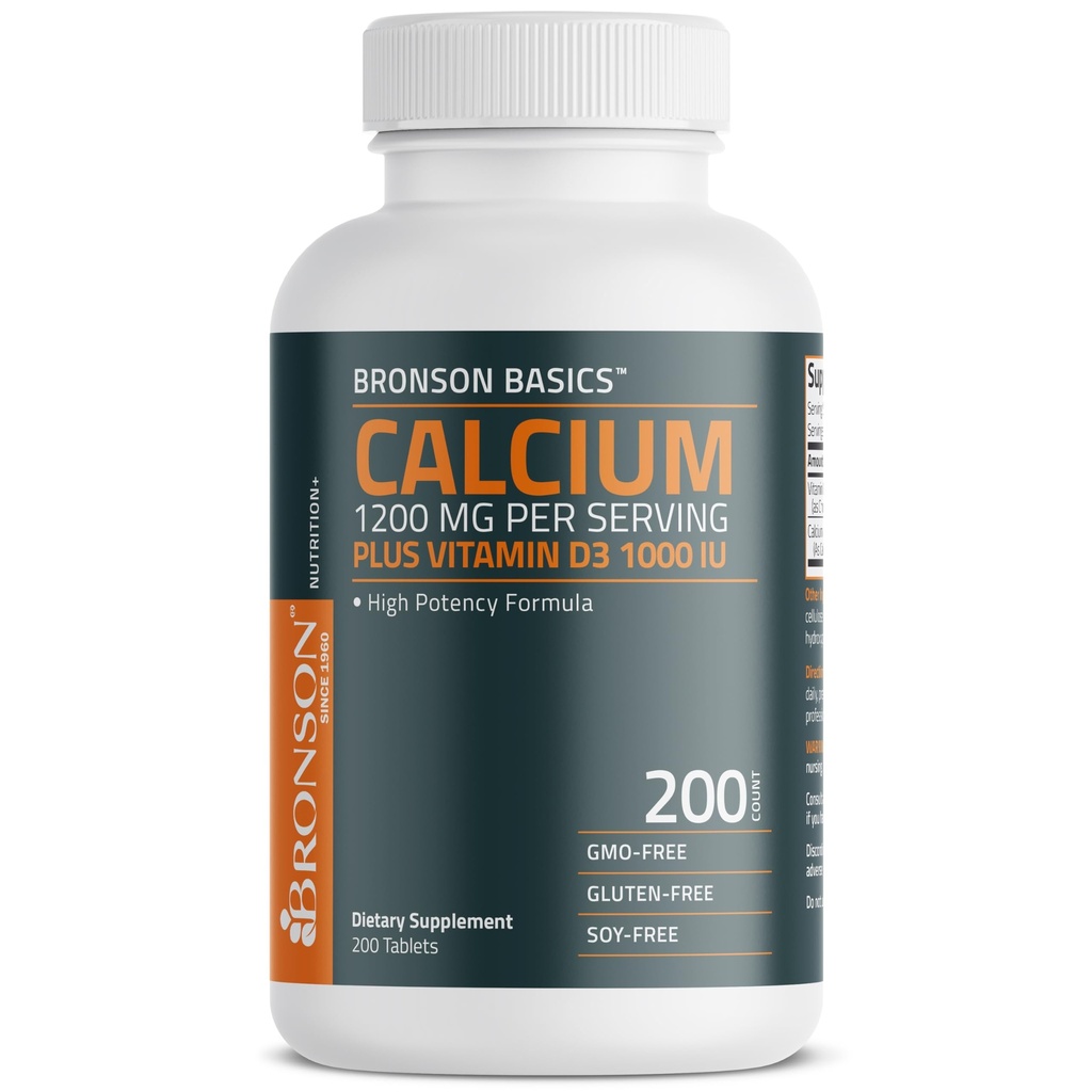 Bronson Calcium 1200 mg Per Serving Plus D3-vitamiini 1000 IU korkea teho Formula, ei-GMO, 200 tablettia