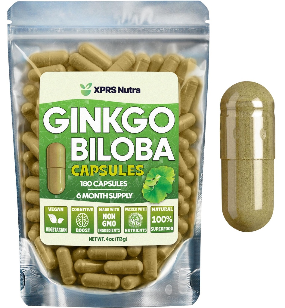 XPRS Nutra Ginkgo Biloba Kapselit - Gingko Biloba Kapseleita Kognition lisäravinteet - Vegaani Friendly Ginkoba Biloba - Immuniteetti Ginkgo Biloba Kapselit - 180 Count