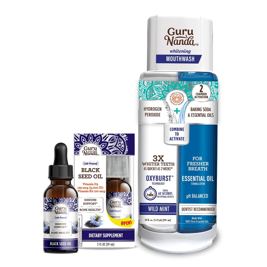 GuruNanda Black Seed Oil, kylmäpaineinen Nigella Sativa - Rikas D3-vitamiini 5000 yksikköä, K2 & E & Dual Barrel Oxyburst Valkaisuun Suupesu - Sisältää vetyperoksidi