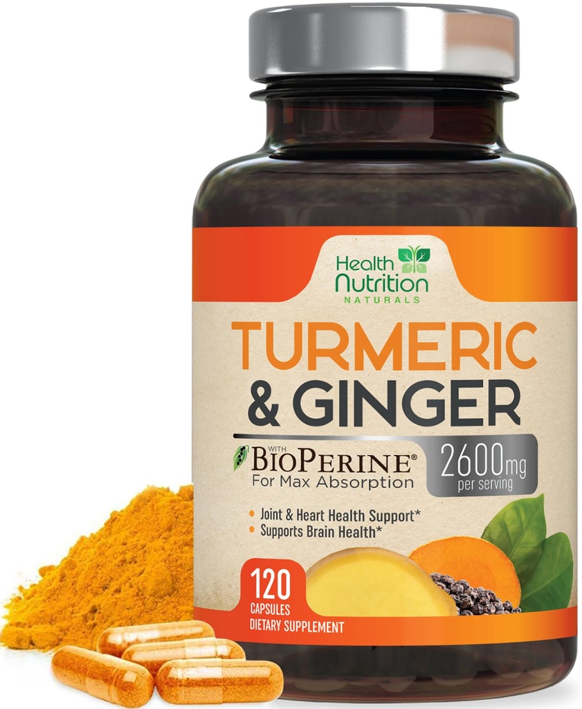 Turmeric Curcumin Supplement 2600mg - kanssa Organic Inkivääri & Turmeeric, 95% Curcuminoids, BioPerine Black Pepper for Best Absorption, Nature's Vegan Joint Support, ei-GMO, pullotettu Yhdysvalloissa - 120 kapselia