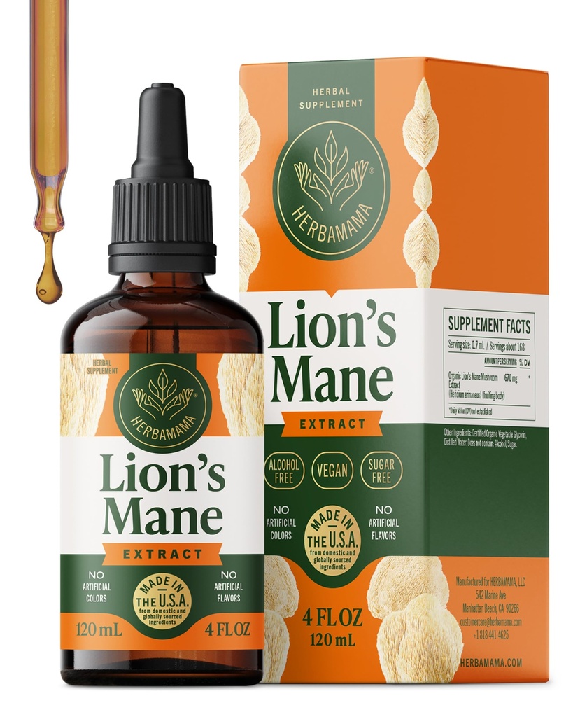 HERBAMAMA Lions Mane Tincture - Vegan Focus & Nerve Support med Lion's Mane Mushroom Extract - Hericium Erinaceus Brain Support Supplement - Icke-GMO, alkohol och sockerfri - 84-dag Supply