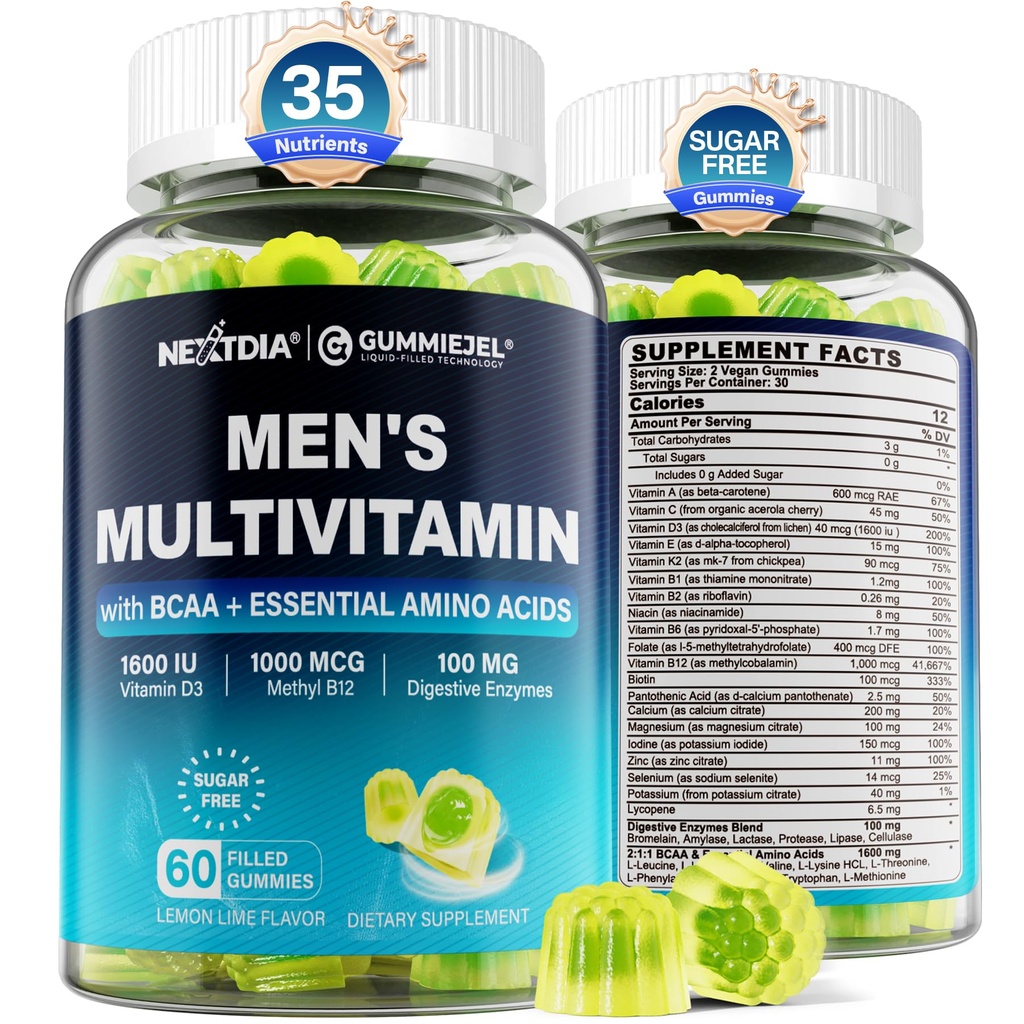 Methylated Multivitamiini for Men Gummies, BCAA Aminohapot, Sinkki, Päivittäinen A-vitamiini C D3 E K2 B Complex, Kalsium, Magnesium, Lykopeeni, Dgestive Enzymes - Energia, Immuuni, Lihas-sokeriton, Vegan, 60Cts