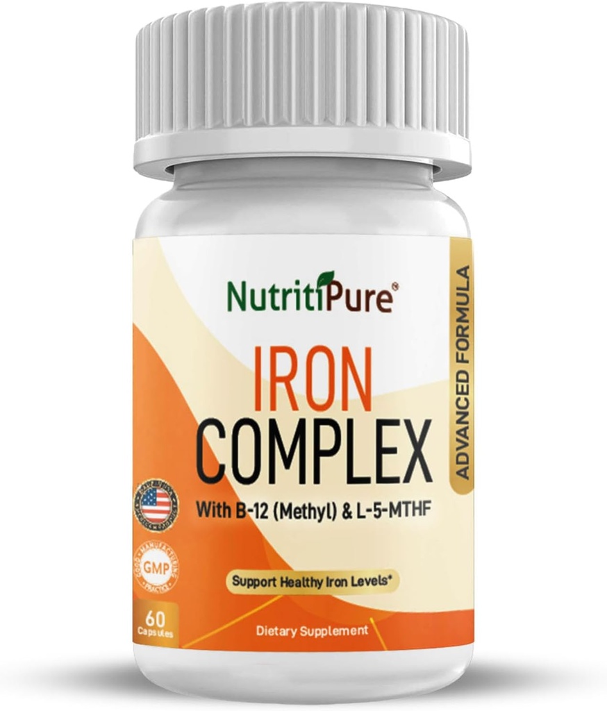 Iron Complex, Complete Blood Building Iron Vegetarian Capsules with Non-constitipating Carbonyl Iron, Quatrepolic, B12, B6 & C-vitamiini, for Women & Men (60 caps)