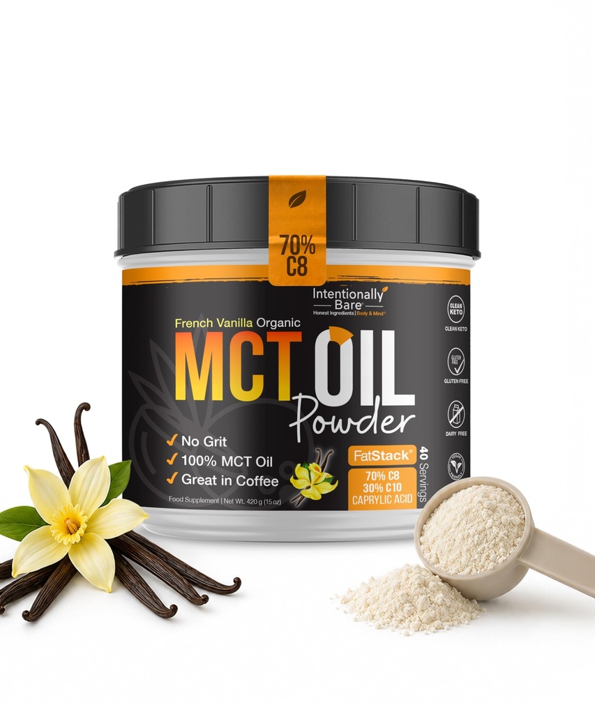 Avsiktligt Bare MCT Oil Powder French Vanilla MCT Coffee Creamer - C8 MCT Oil Powder för energi och metabolism - No Grit Keto Energy Blend Excellent i Baking, Shakes & Creamer för kaffe - 40 Ser