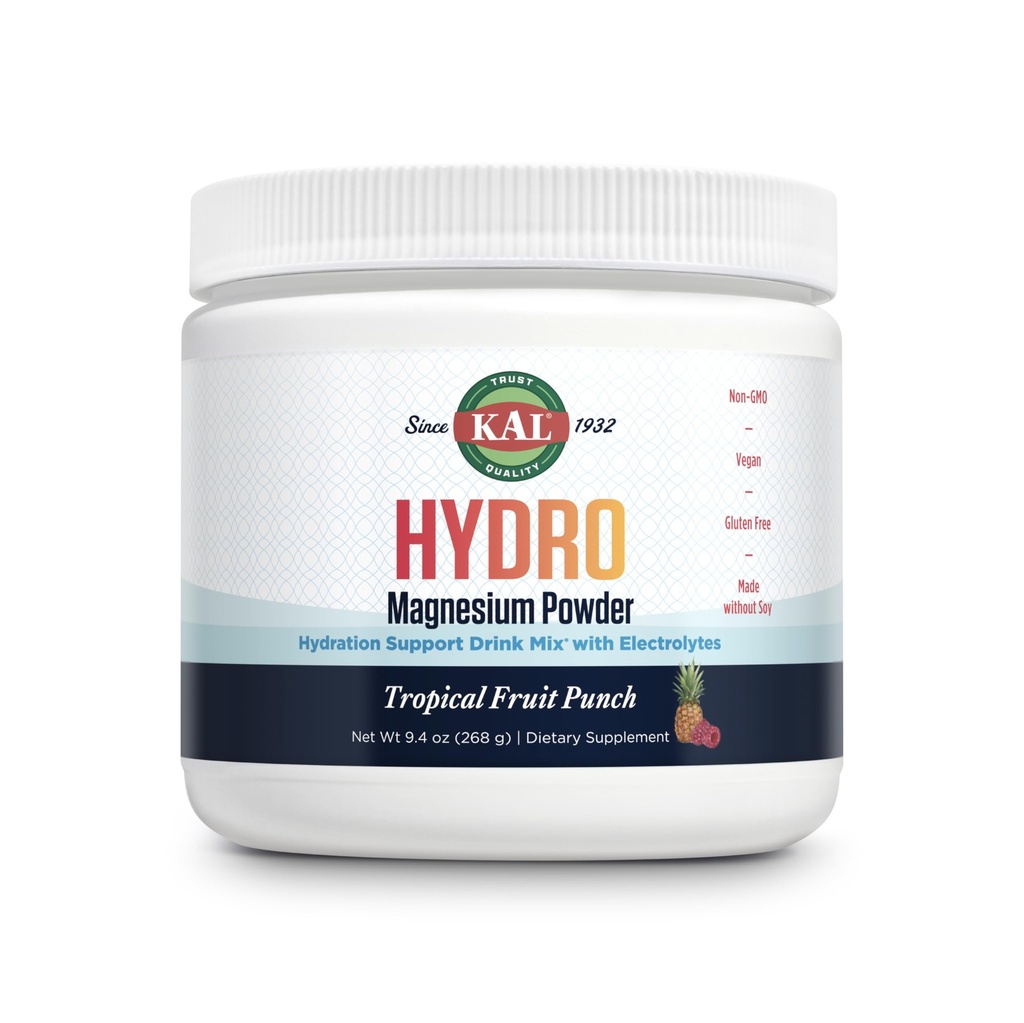 KAL Hydro Magnesium Plus Electrolytes Powder - Tropical Fruit Punch - Natrium, klorid, kalium Supplement - Hydration & Cellular Energy Drink Mix - No Sugar - 60-dagars garanti, 50 portioner, 9.4 OZ