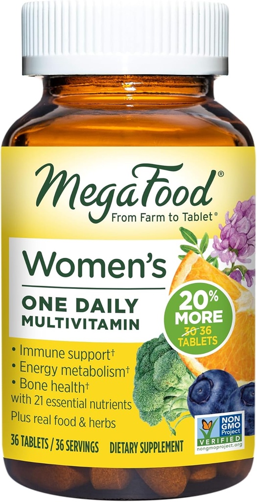 MegaRuoka Naiset Multivitamiini One Daily - Monivitamiini naisille - C-vitamiini, D-vitamiini, Iron & B-vitamiinit - Luun, energian aineenvaihdunta ja immuuni tuki - Kasvisruokaa, Gluteeniton - 36 tablettia, 36 tarjoilua