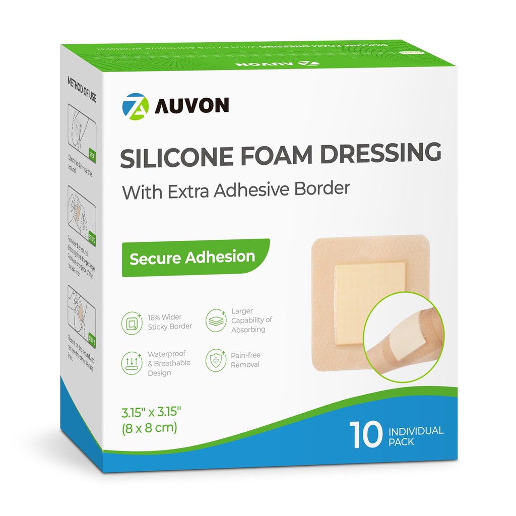 AUVON Silicone Foam pukeutuminen suuri liimaa raja, 3" x 3" 10 pakkausta Haava pukeutuminen Bandage korkea absorbanssi, vedenpitävä silikoni Foam Pads for Haavanhoito & Protection Plus