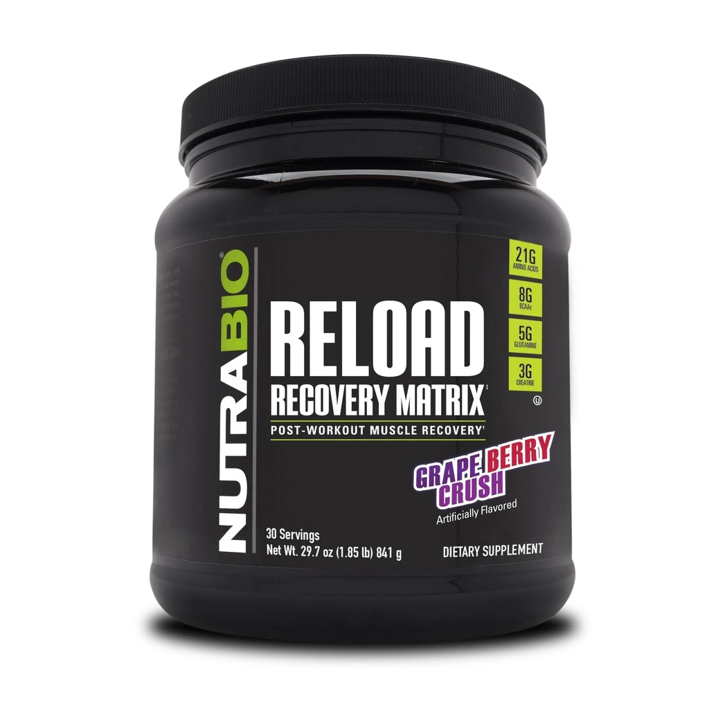 NutraBio Reload - Kraftfull Muscular Recovery Formel - Post-Workout Supplement - 3G Kreatin - 8G BCAA - 5G Glutamin - 30 portioner, Grape Berry Crush