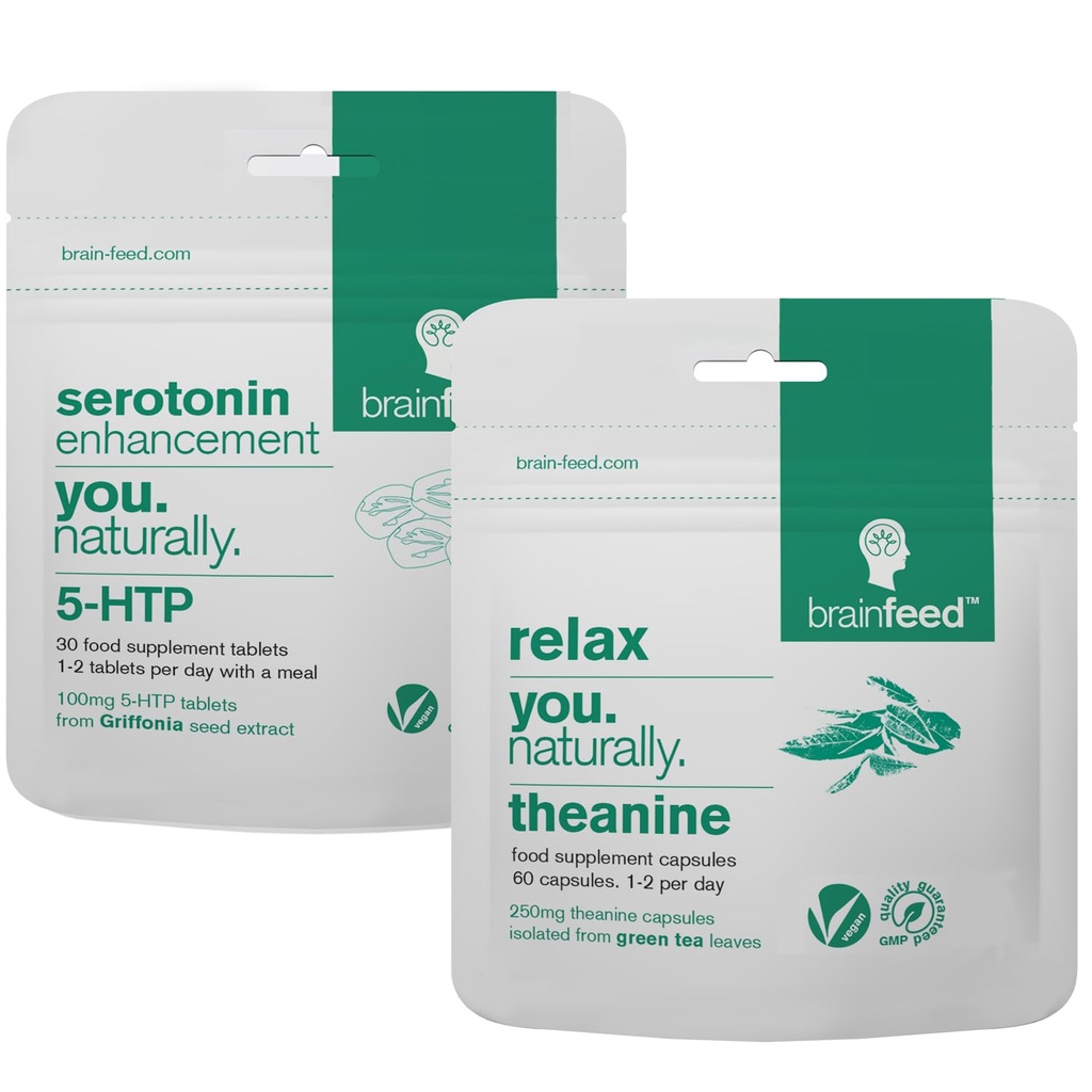 Serotonin Supplements & Natural l theanine | Serotonin Mood Support & Stress Relief Supplements | 5HTP 100mg + 250mg L theanine Capsules | 2 månaders leverans | Vegan