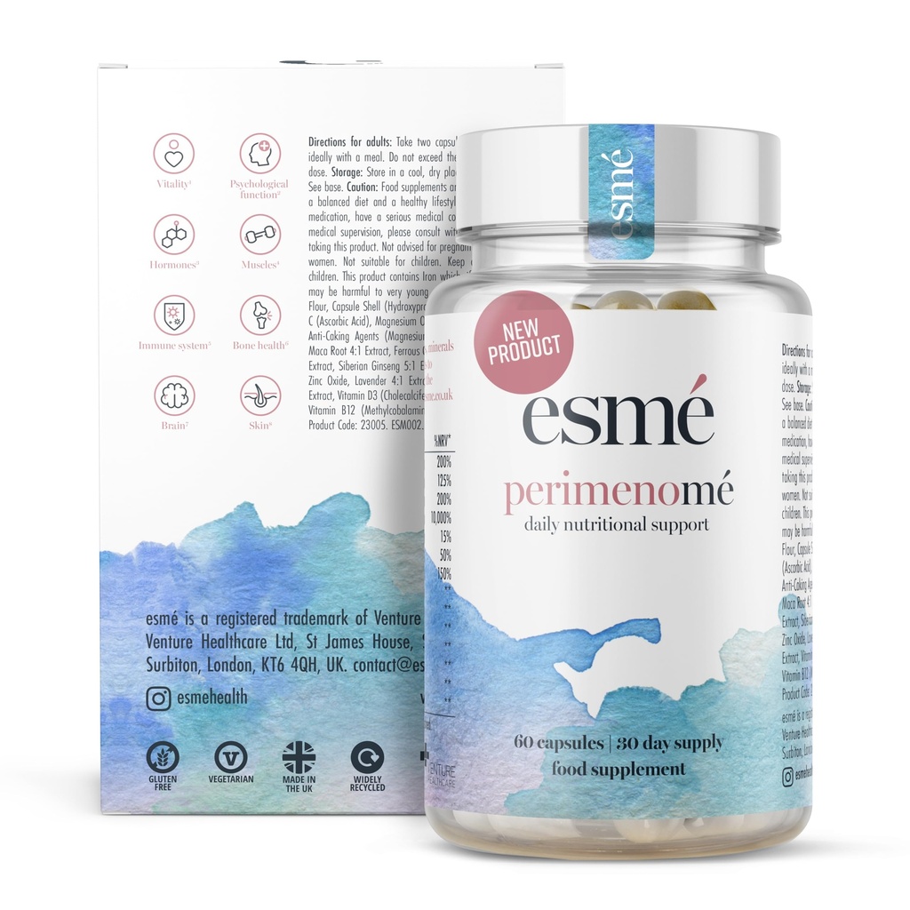 Esme vaihdevuodet Lisäravinteet Perimenopaussi Lisäravinteet 1 kuukausi tarjonta - Päivittäinen tuki varhaisessa vaiheessa Menopause 60 kapselit - Sisältää Ashwagandha, vitamiinit ja punainen Clover