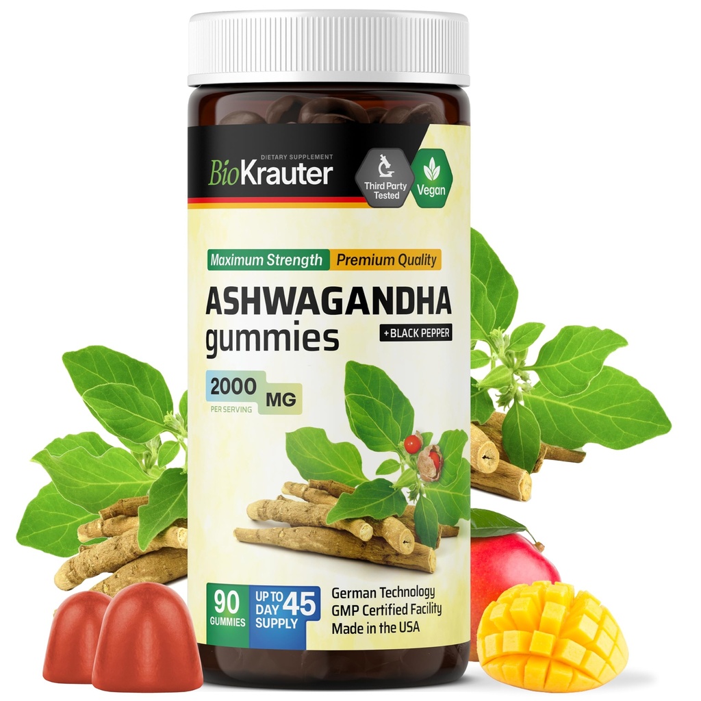 BIO KRAUTER Ashwagandha Gummies for Women & Men - 2000 mg Strength - 90 Chews mielialan tuki - pureskeltava Ashwagandha täydentää - Vegan - Mango Flavor