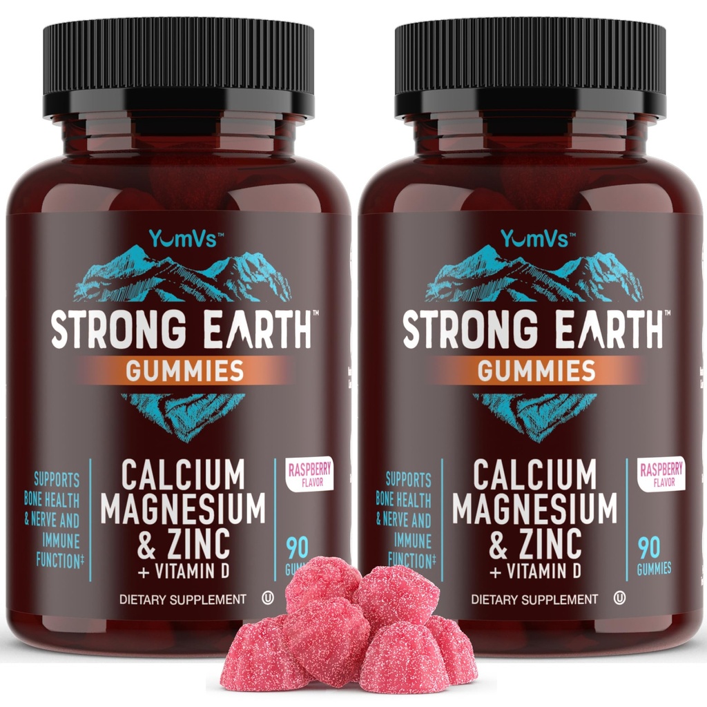 YUM-V'S Calcium, Magnesium, Zink & Vitamin D Gummies, Cal Mag Chewable Supplement, Vegetarian Kosher Halal Natural Raspberry Flavor Gummies för vuxna kvinnor och män - 90 greve ( 2)