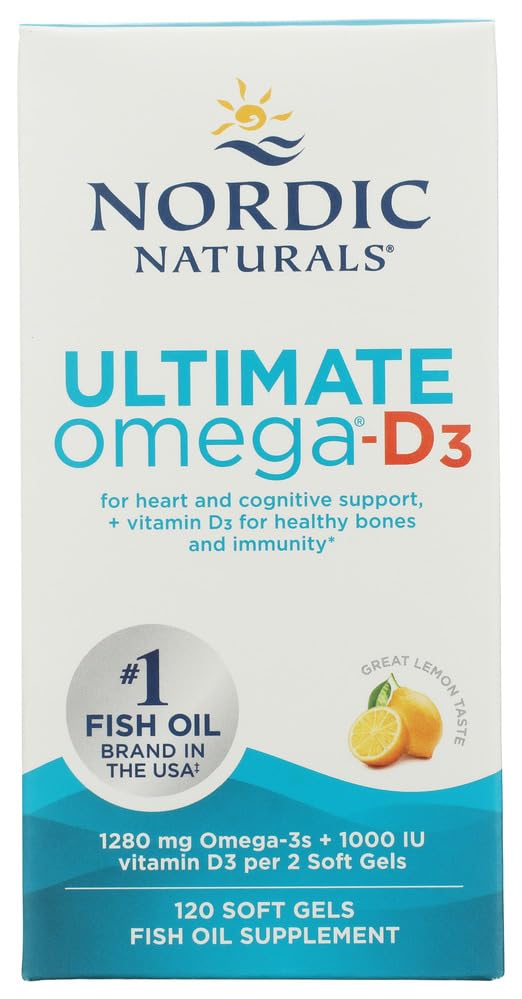 Nordic Naturals Ultimate Omega-D3, Lemon Flavor - 120 Soft Gels - 1280 mg Omega-3 + 1000 IU D3-vitamiini - EPA & DHA - edistää aivoja, sydäntä ja immuuniterveyttä - 60 tarjoilua