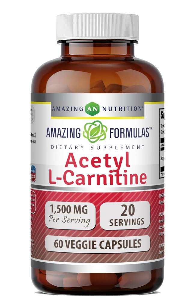 Amazing Formulaes Acetyl L-Carnitine Hcl Veggie Dietary Supplement - 500 Mg, Kasviskapselit (ei GMO,Gluteeniton) per pullo - edistää energian tuotantoa ja kognitiivista toimintaa (60 Count)