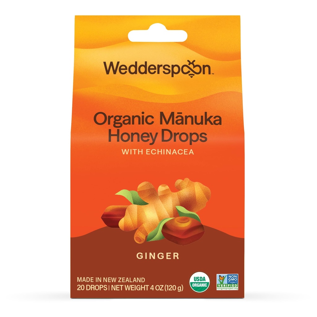 Wedderspoon Organic Manuka Honey Drops, Ginger & Echinacea, 20 greve av 1) | Äkta Nya Zeeland Honung | Perfekt botemedel för torra halsar