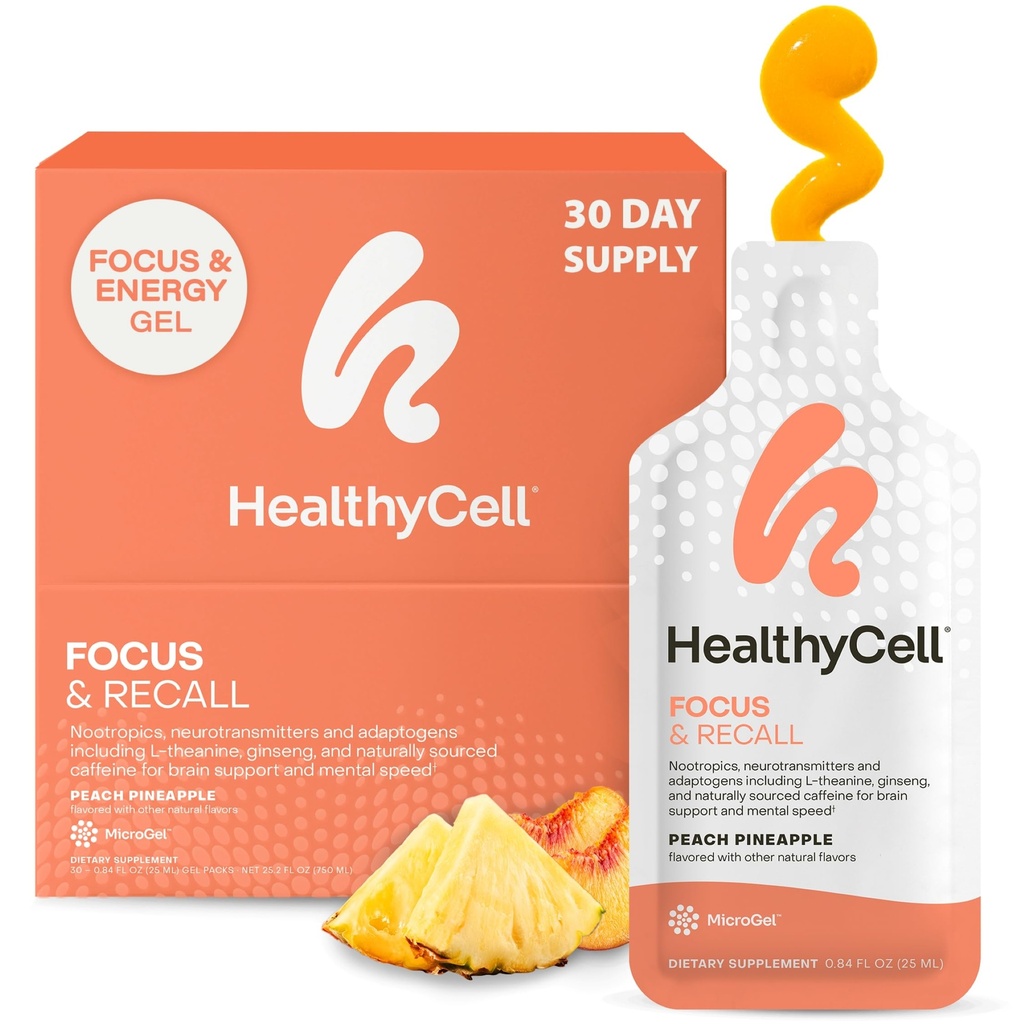 Healthycell Focus & Recall, Daily Liquid Brain Supplement for Focus & Memory - Nootropic Supplement for Concentration & Alertness with L-Theanine, Omega-3 & Tauriini - 30 Gel Packs
