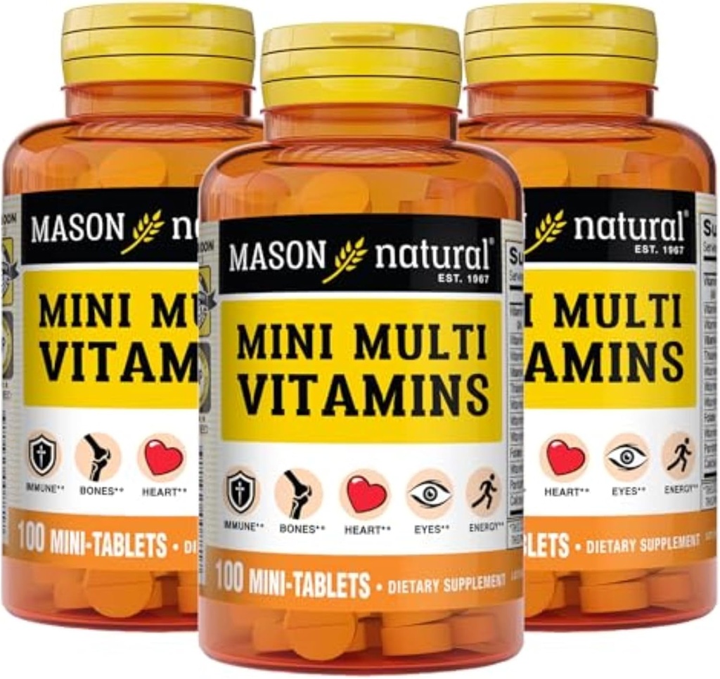 MASON NATURAL Mini Multi Vitamiinit, A-, C-, D3, E-, B1, B2, B3, B6, B12, Folaatti ja kalsium kokonaisterveyteen, 300 päivän tarjonta