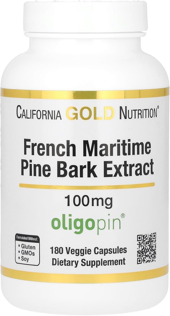 California Gold Nutrition Pine Bark Extract, French Maritime, Oligopin, Antioksidantti Polyfenoli, 100 mg, 180 kasviskapselit