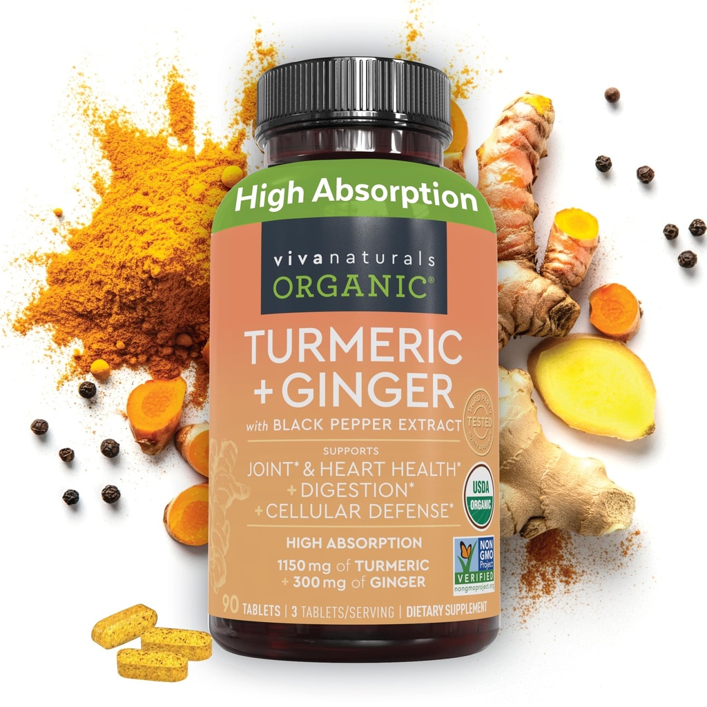 Viva Naturals Organic Turmeric och Ginger Supplements with Black Pepper Extract for Joint Support -1450 mg per servering Tumeric Ginger Pills med 150 mg gurkmeja Standardiserad till 95% Curcuminoids