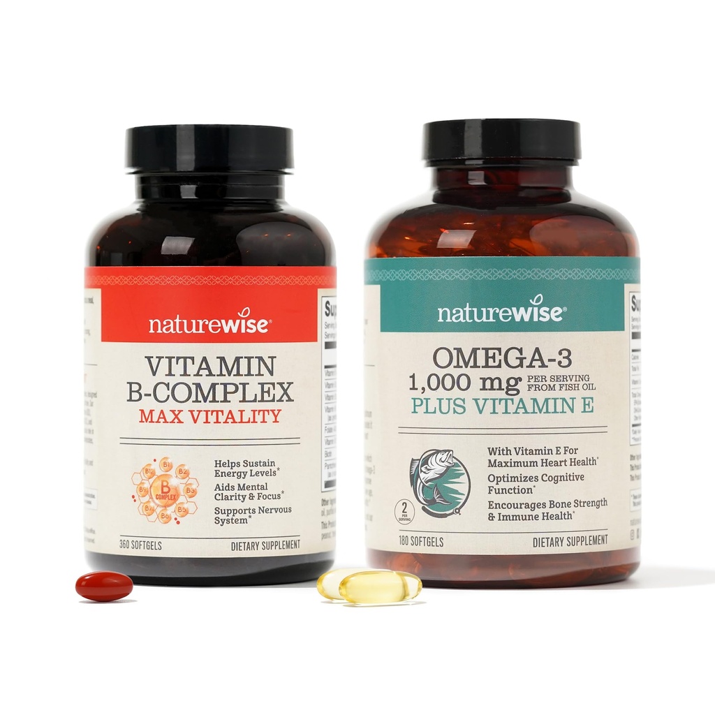 NatureWise B-vitamiinikompleksi 360 Softgels & Omega 3 Kalaöljy 180ct energia-, sydän-, aivo-, immuuni- ja näkötuki