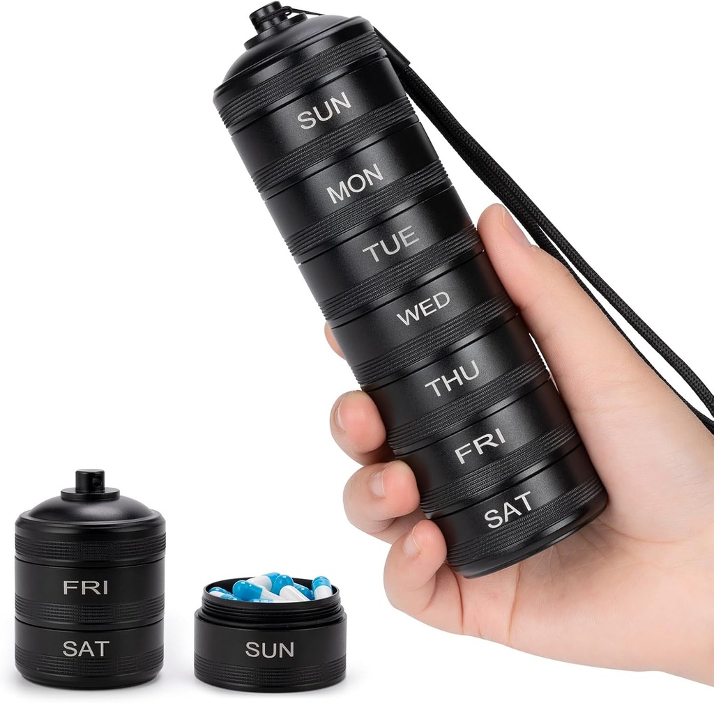 Pill Organizer Weekly Metal Travel Pill Box Waterproof - 7 Day Large Aluminum Alloy Pill Container, Portable Daily Pill Case för vitamin, medicin, tillägg, fiskolja