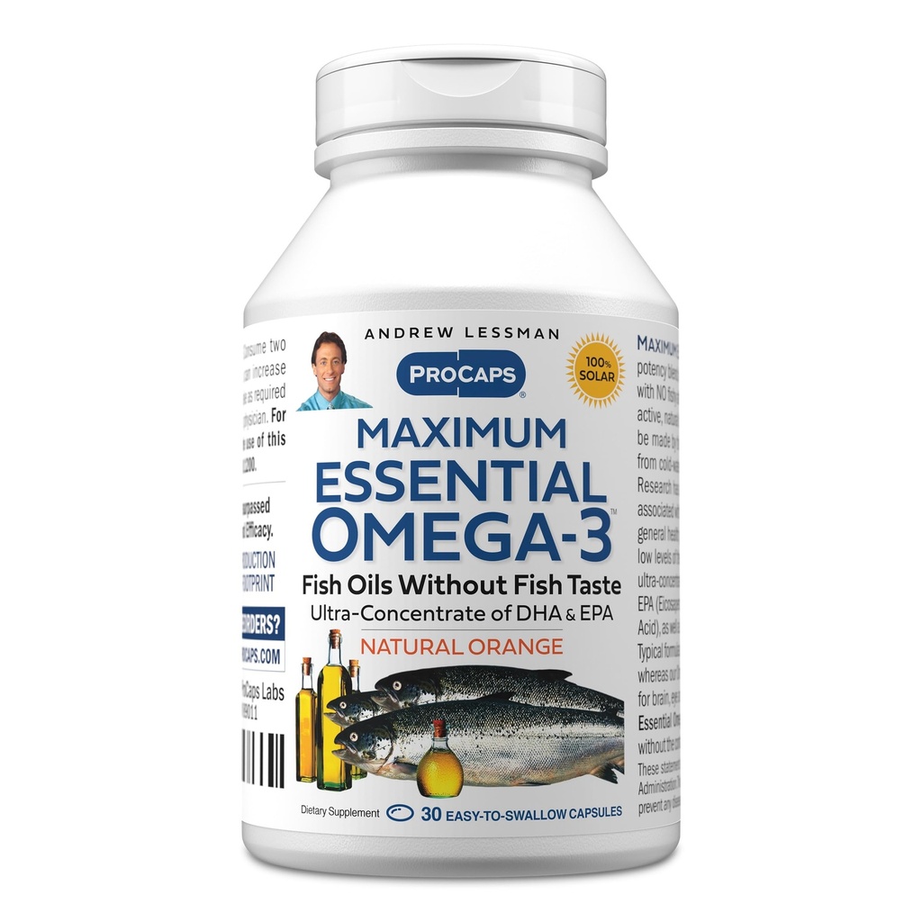 Andrew LESSMAN Maximum Essential Omega-3 Orange - 30 Softgels - Ultra-Pure, High Potency Omega-3 Oils. Korkea DHA, ei vatsavaivoja, ei tuholaisia, ei elohopeaa. Pieni Helppo niellä Softgels