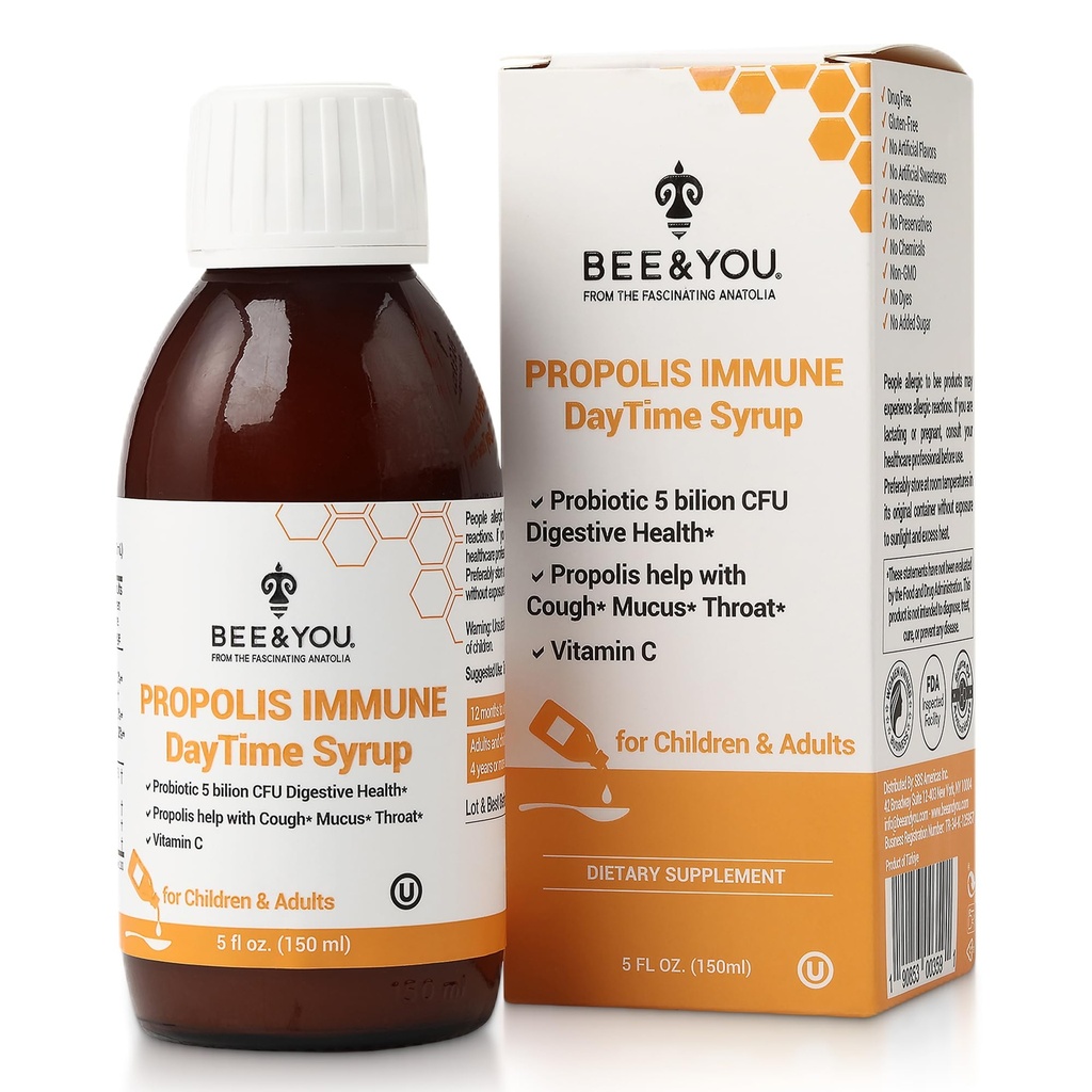 Mehiläinen ja sinä Propolis Immuno Day Time Syrup Probiootti, C-vitamiini, Immunosupport, Dgestive Health, Antioksidantit, Gut Health 5 Fl Oz