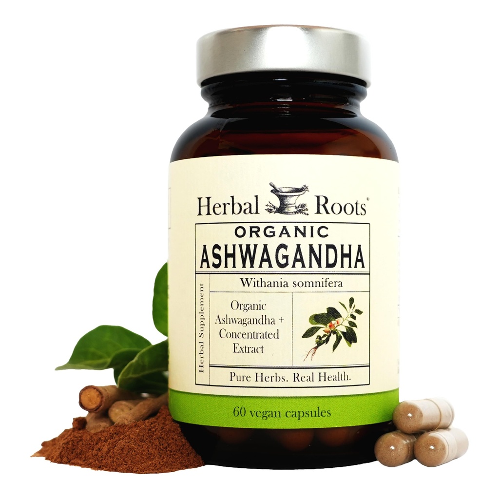 Herbal Roots Ashwagandha Capsules | Extra Styrka 1000mg per portion | Ayurvedic för övergripande hälsa för män och kvinnor | 60 Vegan kapslar