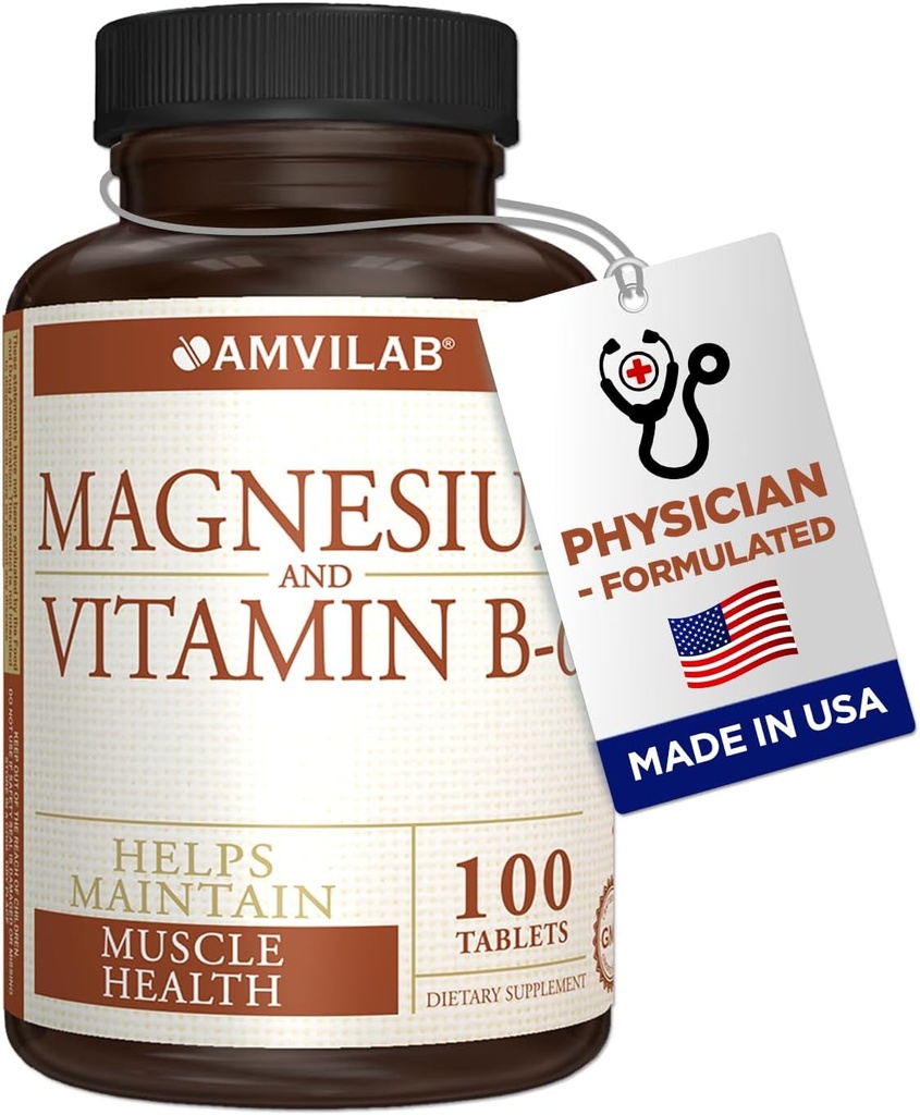 Magnesium och vitamin B6 - Hjälper till att upprätthålla muskelhälsa - Stöder hjärnhälsa och nervfunktion - hjälper daglig vitalitet och sömnkvalitet - återhämtningsboost - kosttillskott - 100 tabletter