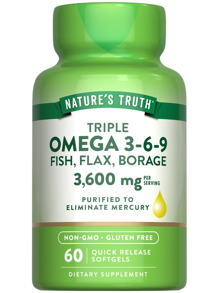 Naturens sanning Triple Omega 3-6-9 Softgels | 3600mg | 60 greve | Fisk, Flax, Borage Oils | Icke-GMO & Gluten Fri Supplement